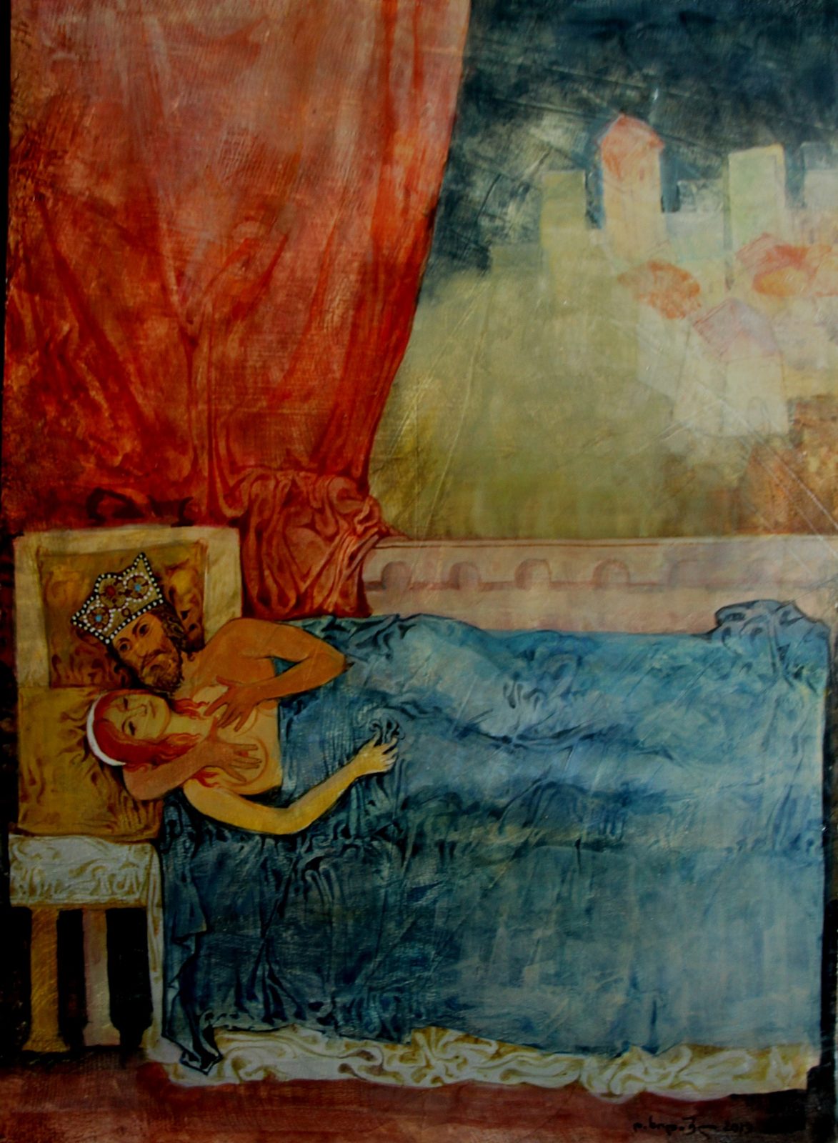 King in bed — original painting for sale by Georgian artist David Khidasheli