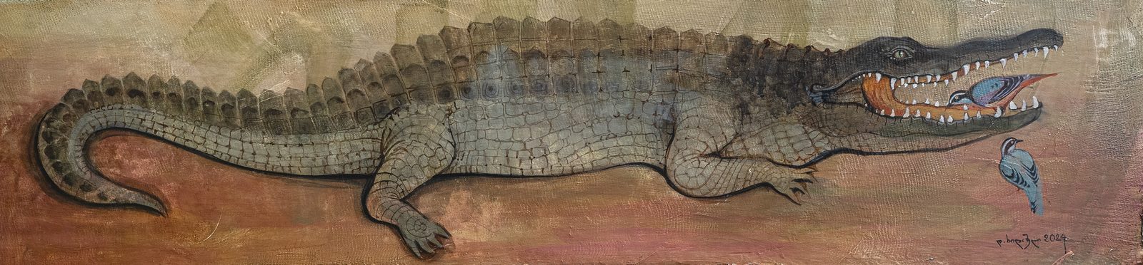 The Crocodile and Its Tooth-Cleaning Birds — original painting for sale by Georgian artist David Khidasheli