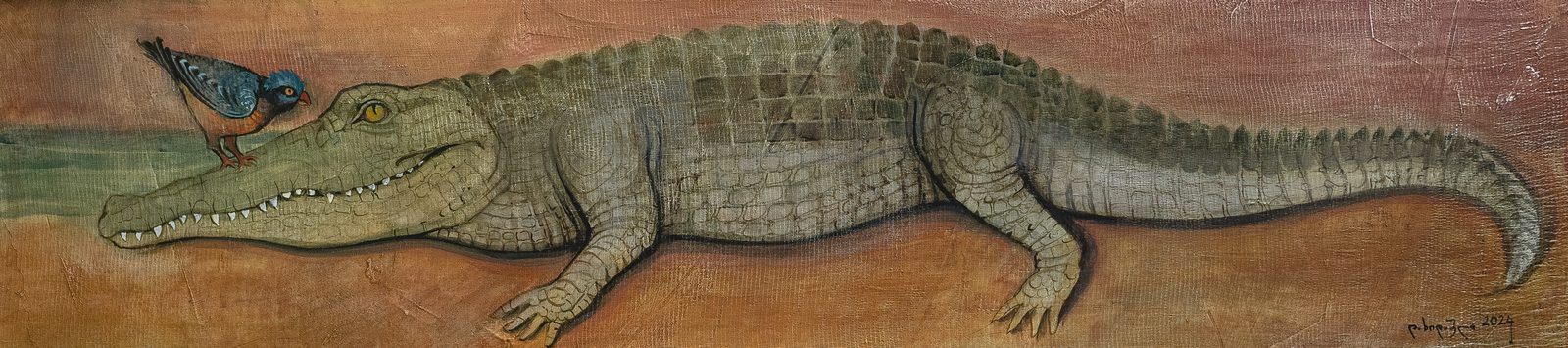 The Crocodile and Its Tooth-Cleaning Birds 2 — original painting for sale by Georgian artist David Khidasheli